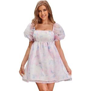 Women's Tie Dye Floral Print Dress Square Neck Puff Sleeve Flowy Dress XS